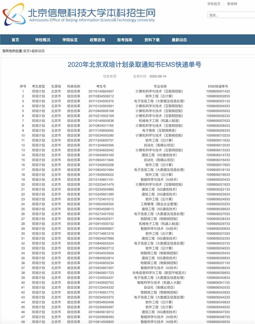 北京信息科技2020年北京双培计划录取通知书EMS快递单号