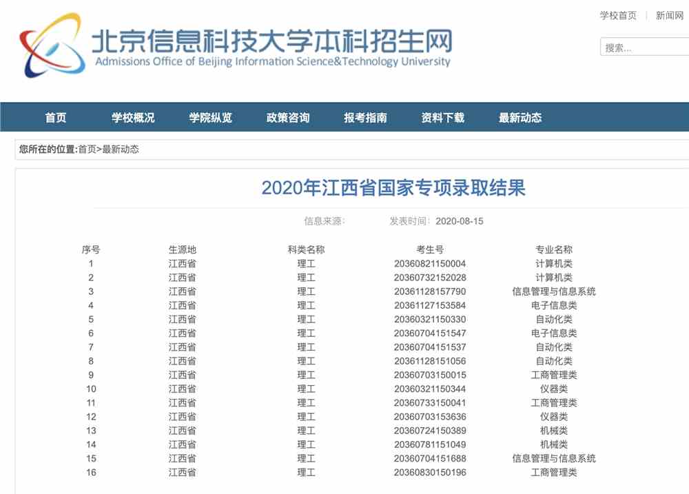 北京信息科技大学2020年江西省国家专项录取结果