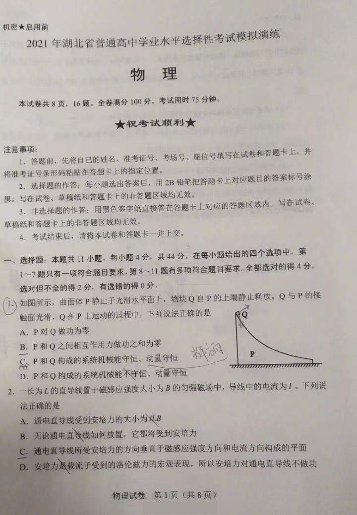 湖北省2021年新高考适应性测试物理试题