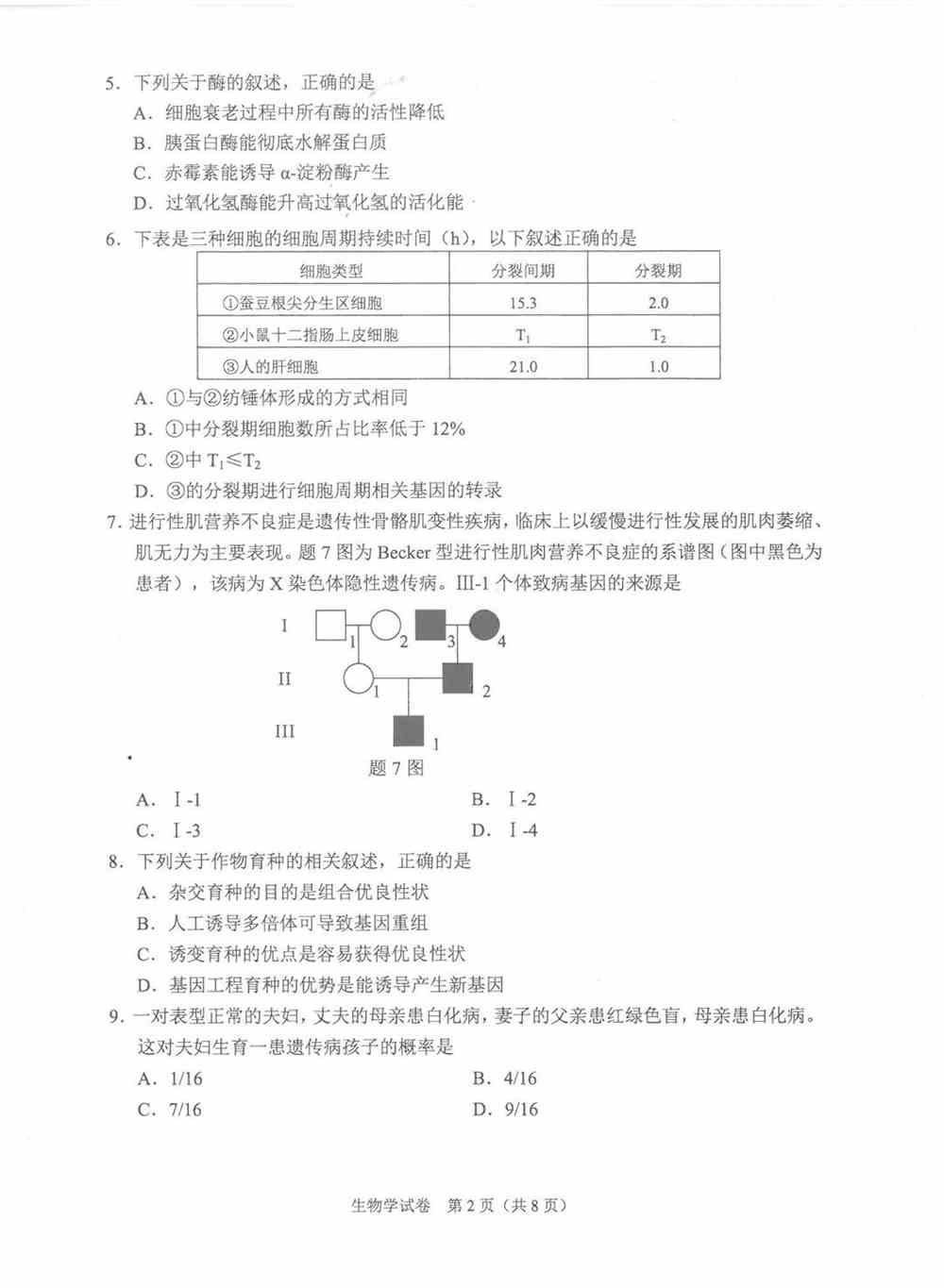 重庆市2021年新高考适应性测试生物试题