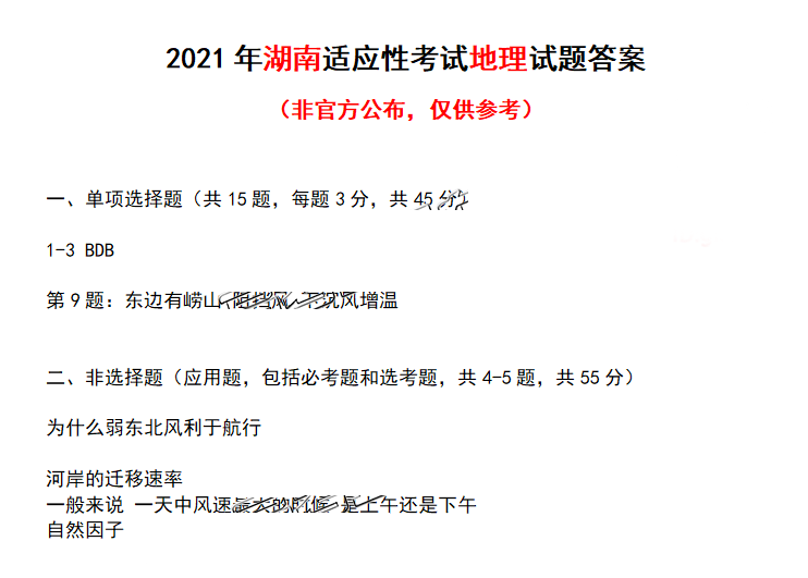 湖南省2021年新高考适应性测试地理试题答案