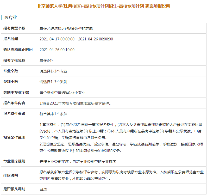 北京师范大学2021年高校专项计划限报3所院校，3个专业