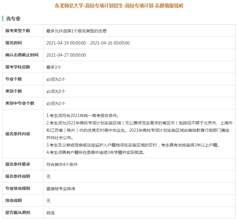 东北师范大学2021年高校专项计划限报3所院校，1个专业