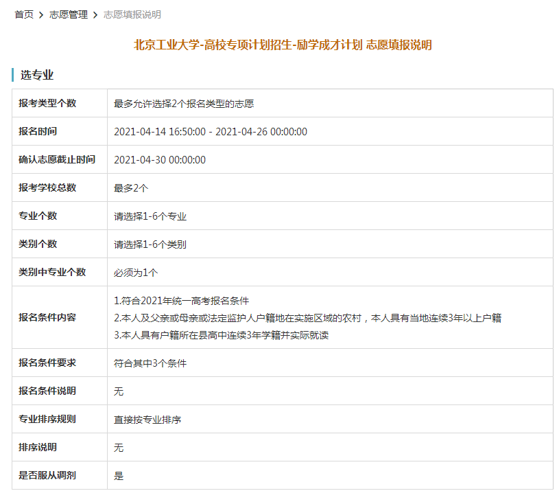 北京工业大学2021年高校专项计划限报2所院校，6个专业