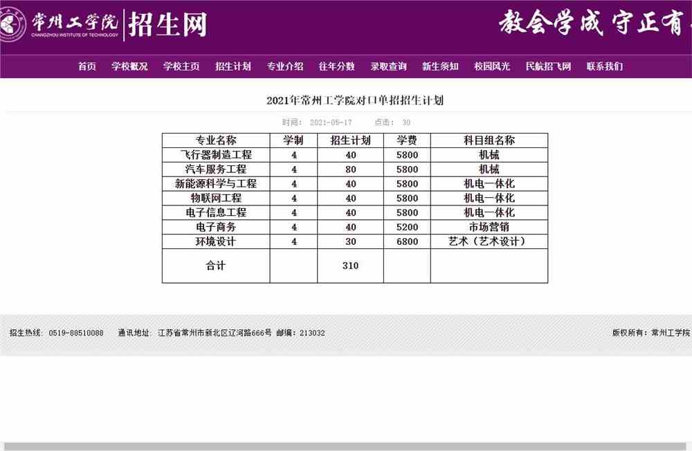 2021年常州工学院对口单招招生计划