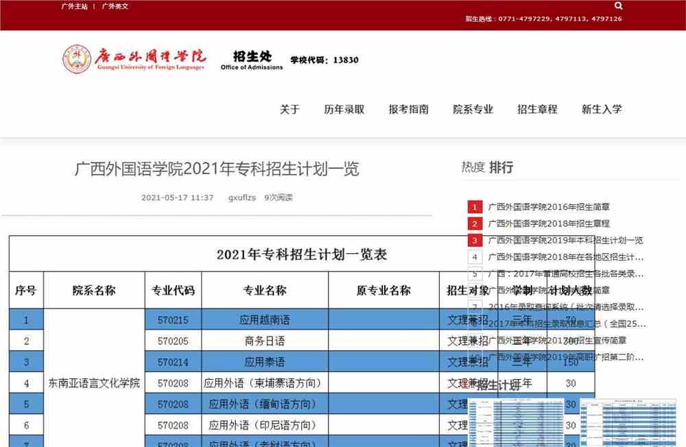 广西外国语学院2021年专科招生计划一览