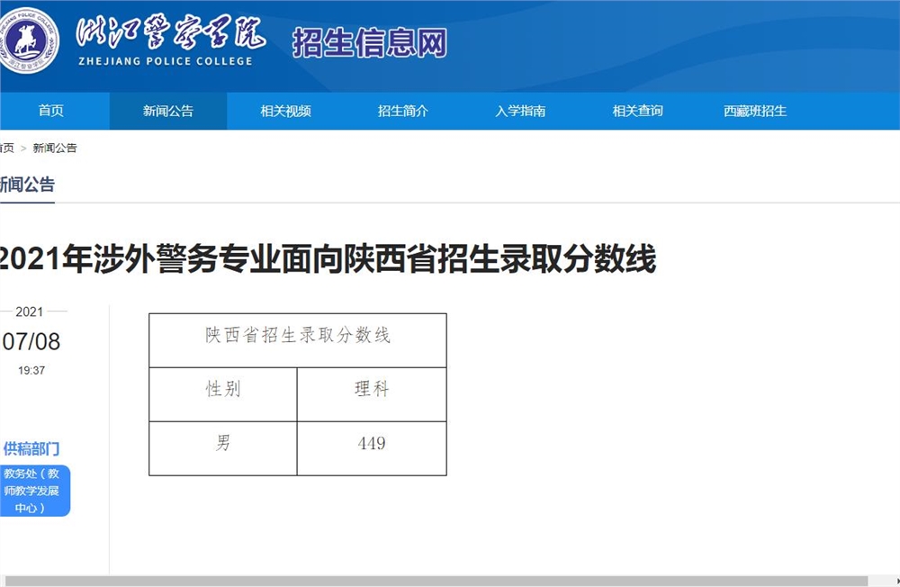 浙江警察学院2021年涉外警务专业面向陕西省招生录取分数线