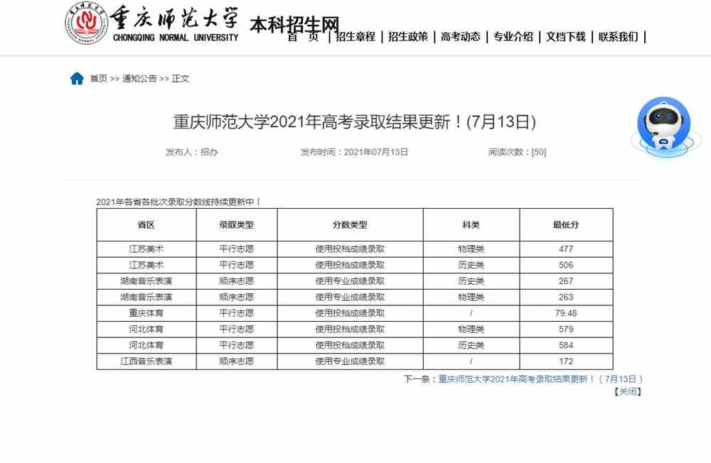 重庆师范大学2021年高考录取结果更新！(7月13日)