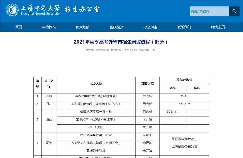 上海师范大学2021年秋季高考外省市招生录取进程（部分）