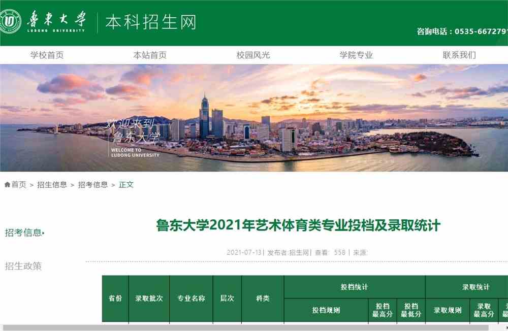 鲁东大学2021年艺术体育类专业投档及录取统计