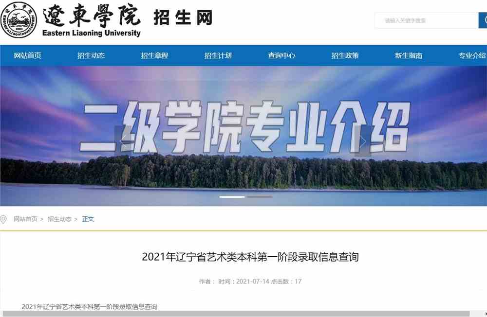辽东学院2021年辽宁省艺术类本科第一阶段录取查询
