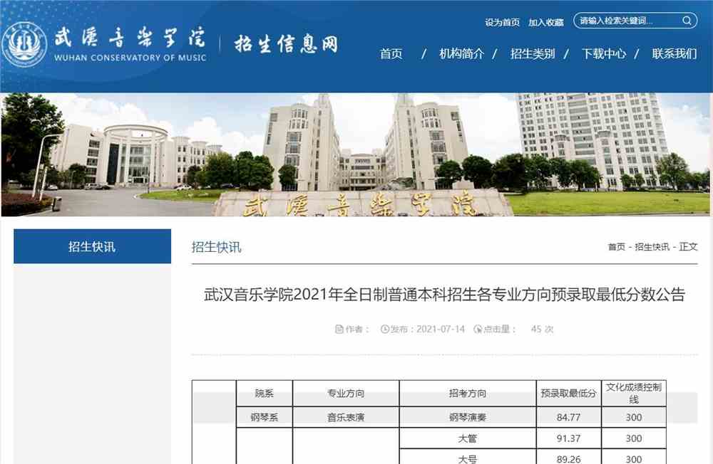 武汉音乐学院2021年全日制普通本科招生各专业方向预录取最低分数公告