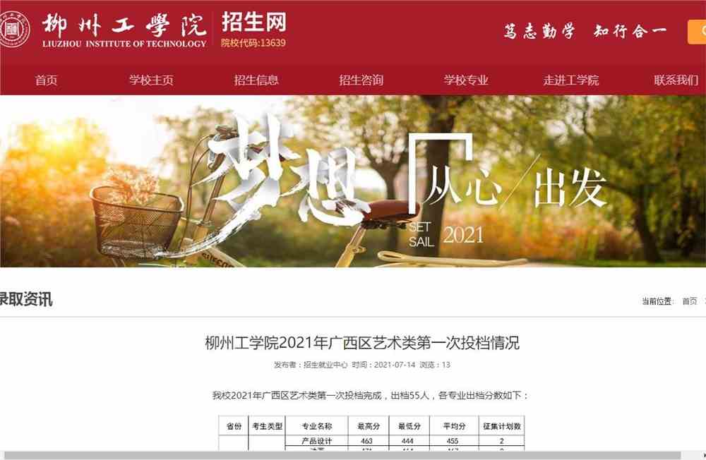 柳州工学院2021年广西区艺术类第一次投档分数