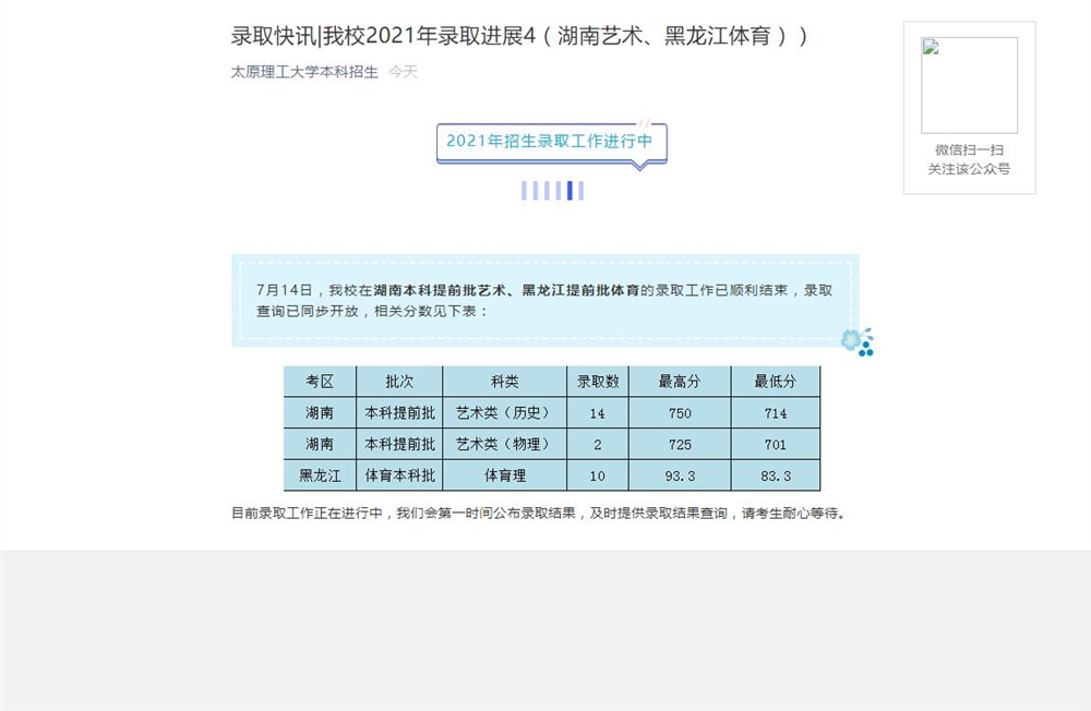 太原理工大学2021年湖南艺术、黑龙江体育录取分数