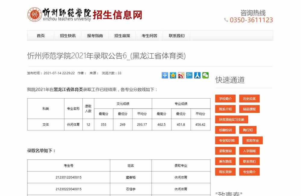 忻州师范学院2021年黑龙江省体育类录取结果