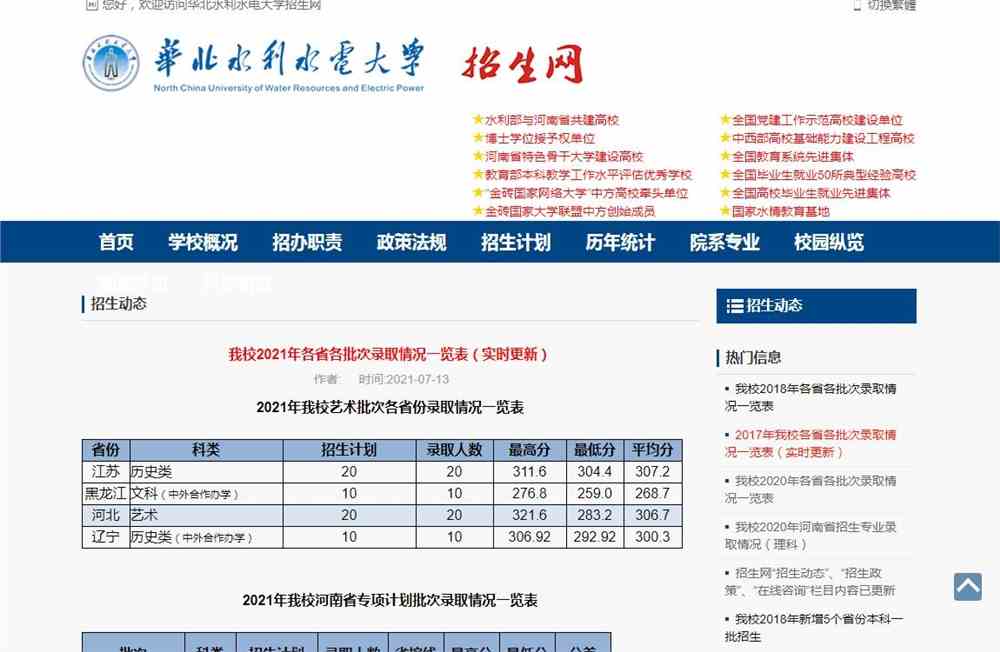 华北水利水电大学2021年各省各批次录取情况一览表