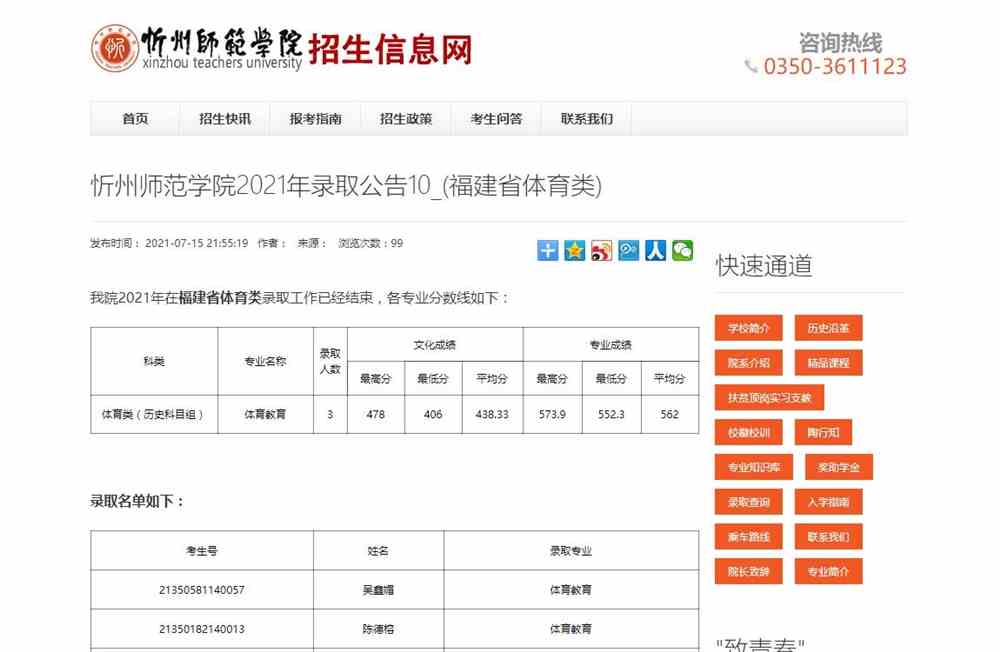忻州师范学院2021年(福建省体育类)录取分数情况