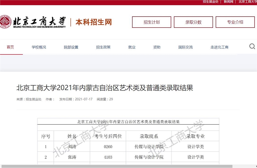 北京工商大学2021年内蒙古自治区艺术类及普通类录取结果
