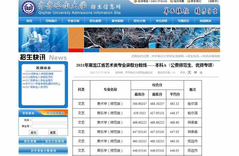 齐齐哈尔大学2021年黑龙江省艺术类专业录取分数线——本科A（公费师范生、优师专项）