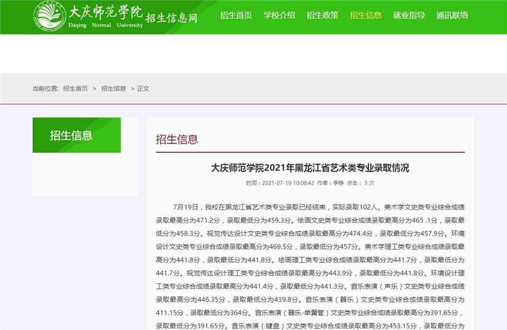 大庆师范学院2021年黑龙江省艺术类专业录取分数情况