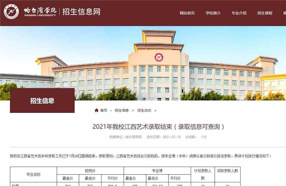2021年哈尔滨学院江西艺术录取结束（录取信息可查询）