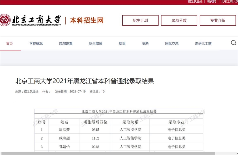北京工商大学2021年黑龙江省本科普通批录取结果
