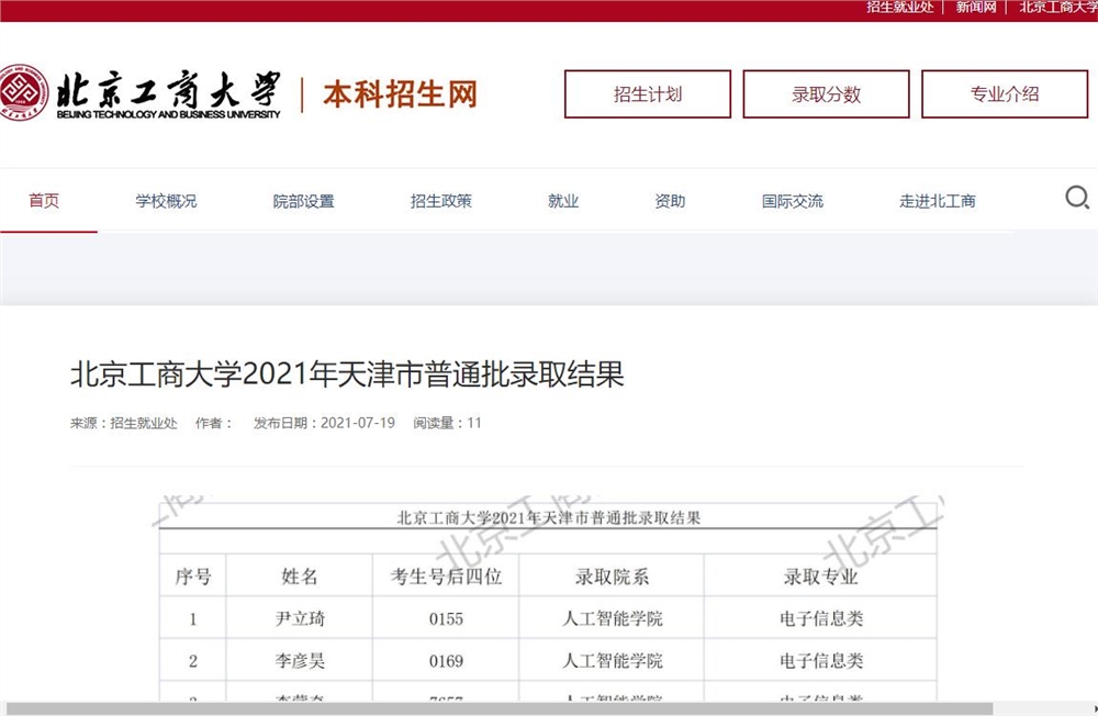 北京工商大学2021年天津市普通批录取结果