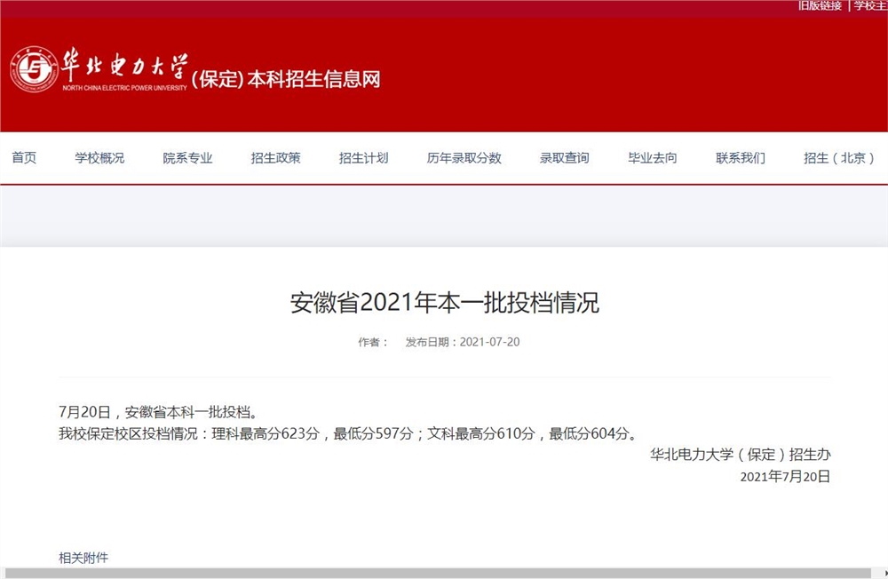 华北电力大学保定校区2021年安徽省本一批投档情况
