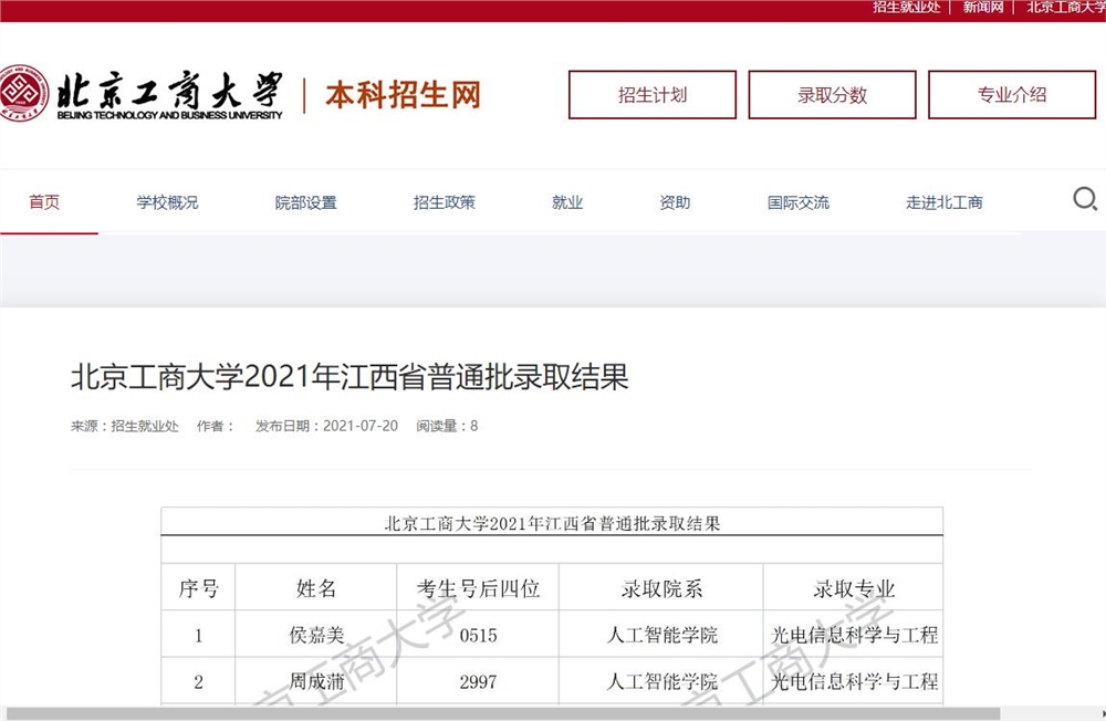 北京工商大学2021年江西省普通批录取结果