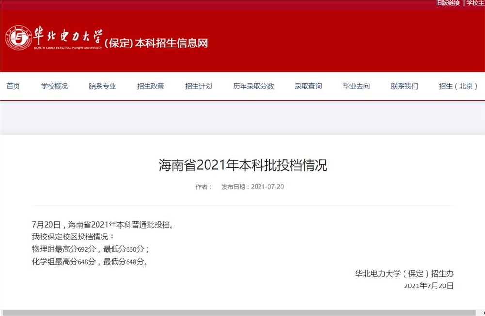 华北电力大学保定校区2021年海南省本科批投档情况