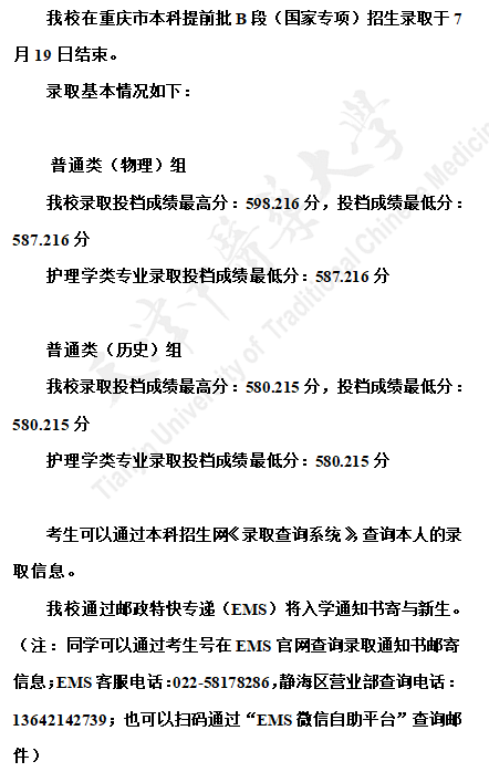 天津中医药大学2021年重庆市本科提前批B段（国家专项）招生录取结果