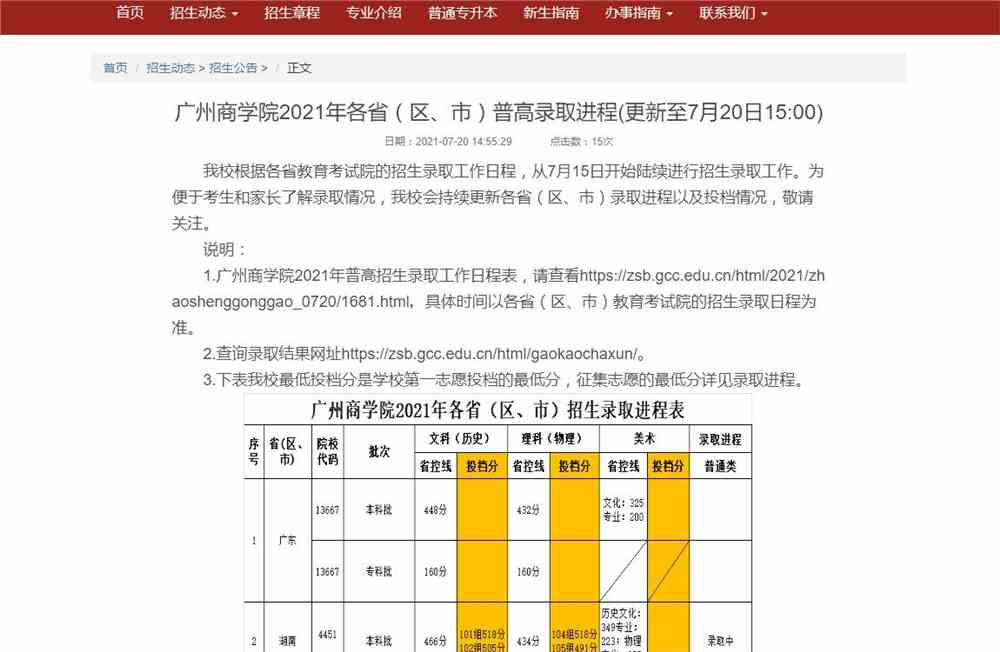 广州商学院2021年各省（区、市）普高录取进程(更新至7月20日15:00)