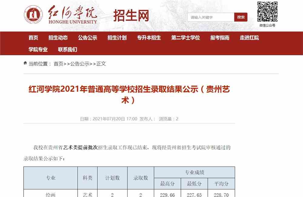 红河学院2021年贵州艺术招生录取结果公示