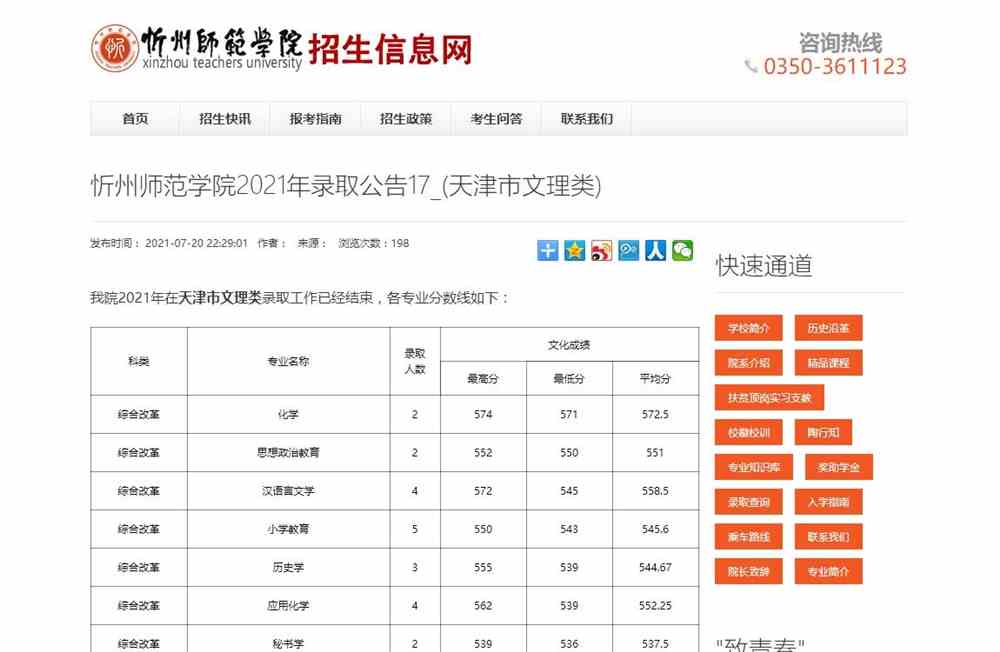 忻州师范学院2021年天津市文理类各专业录取分数线