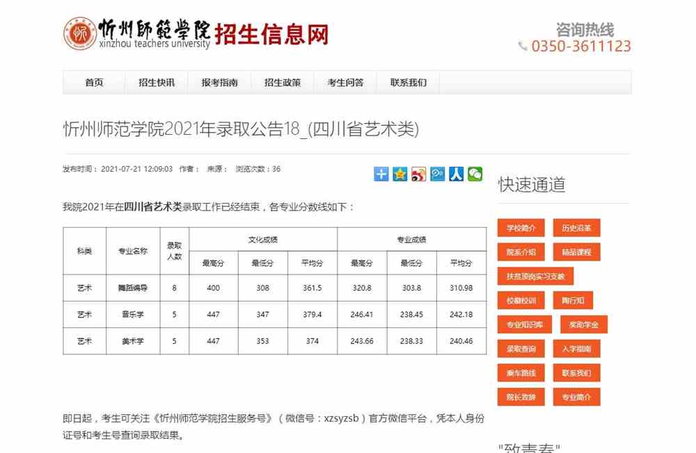 忻州师范学院2021年在四川省艺术类录取分数