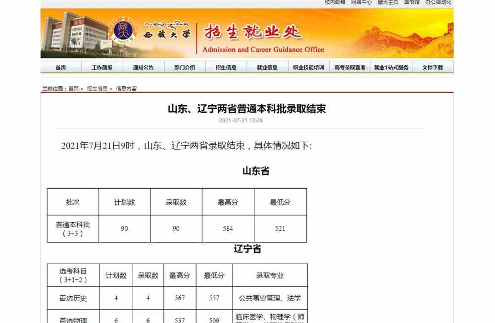 西藏大学2021年山东、辽宁两省普通本科批录取分数