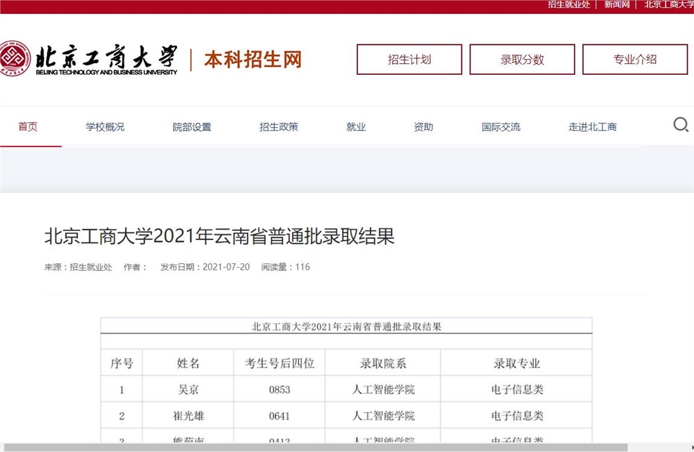 北京工商大学2021年云南省普通批录取结果