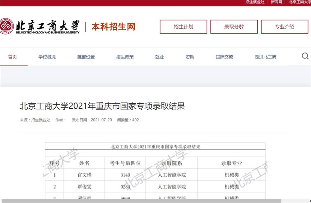 北京工商大学2021年重庆市国家专项录取结果