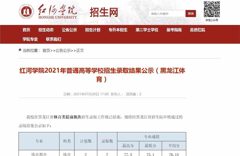 红河学院2021年（黑龙江体育）普通高等学校招生录取分数公示