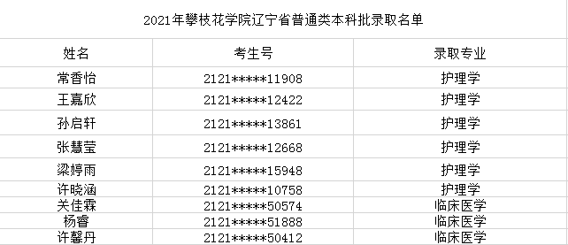 攀枝花学院2021年辽宁省本科批录取结果