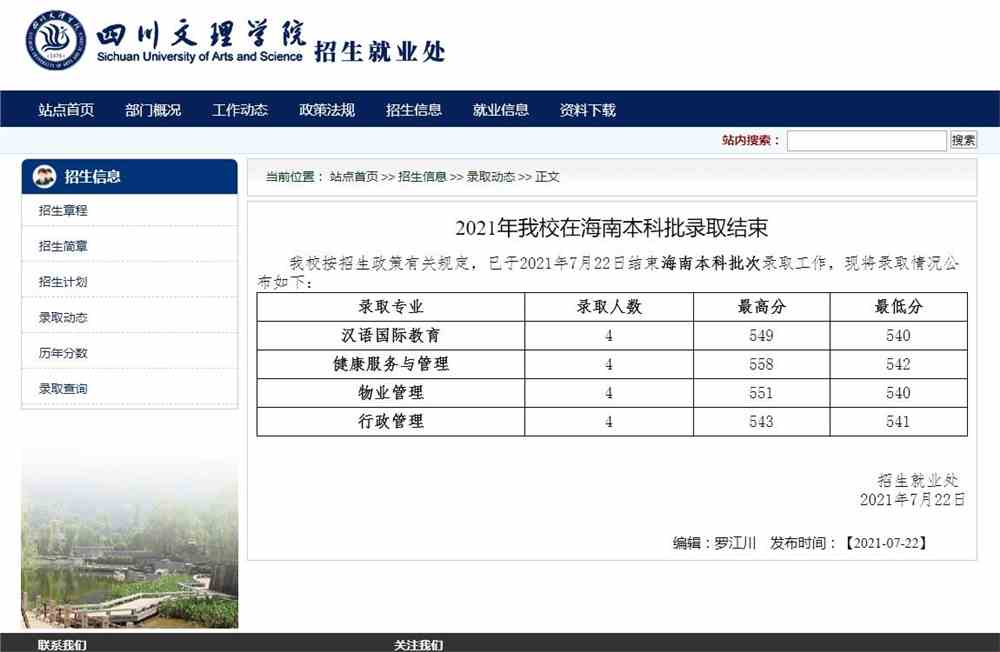 2021年四川文理学院在海南本科批各专业录取分数