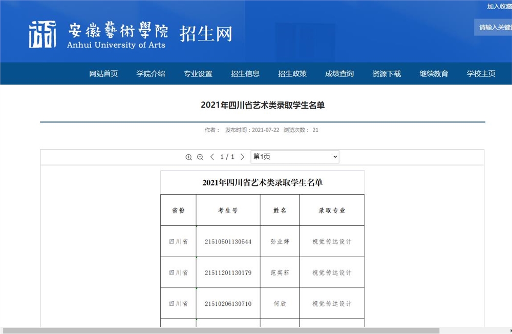 安徽艺术学院2021年四川省艺术类录取学生名单