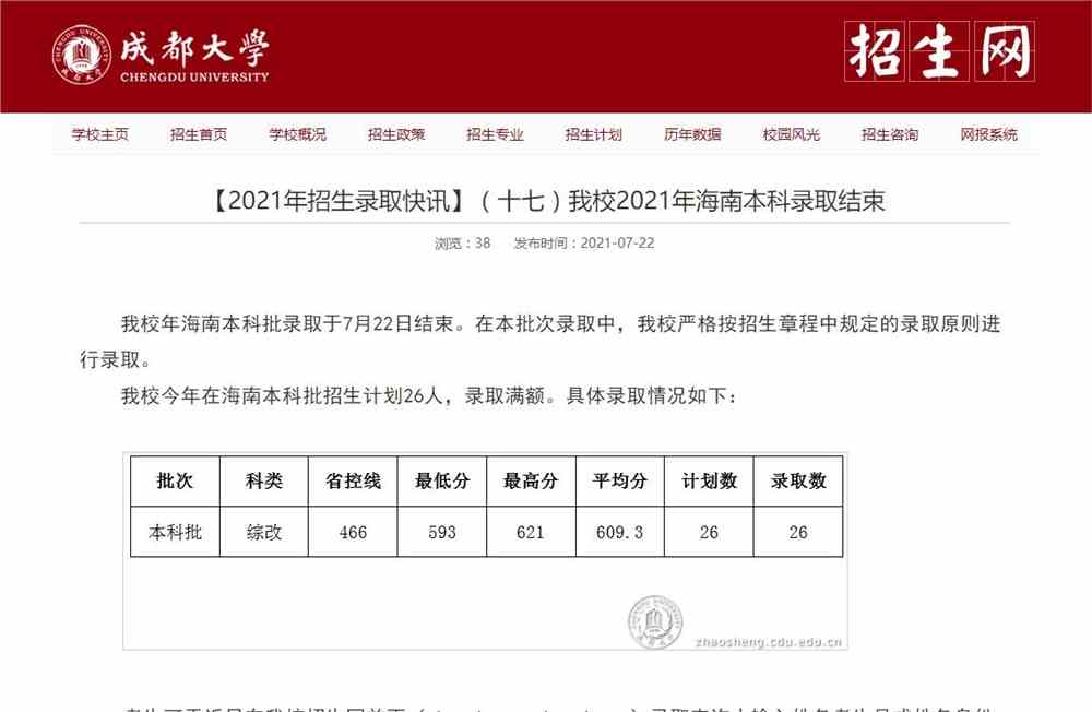 成都大学2021年海南本科录取结果