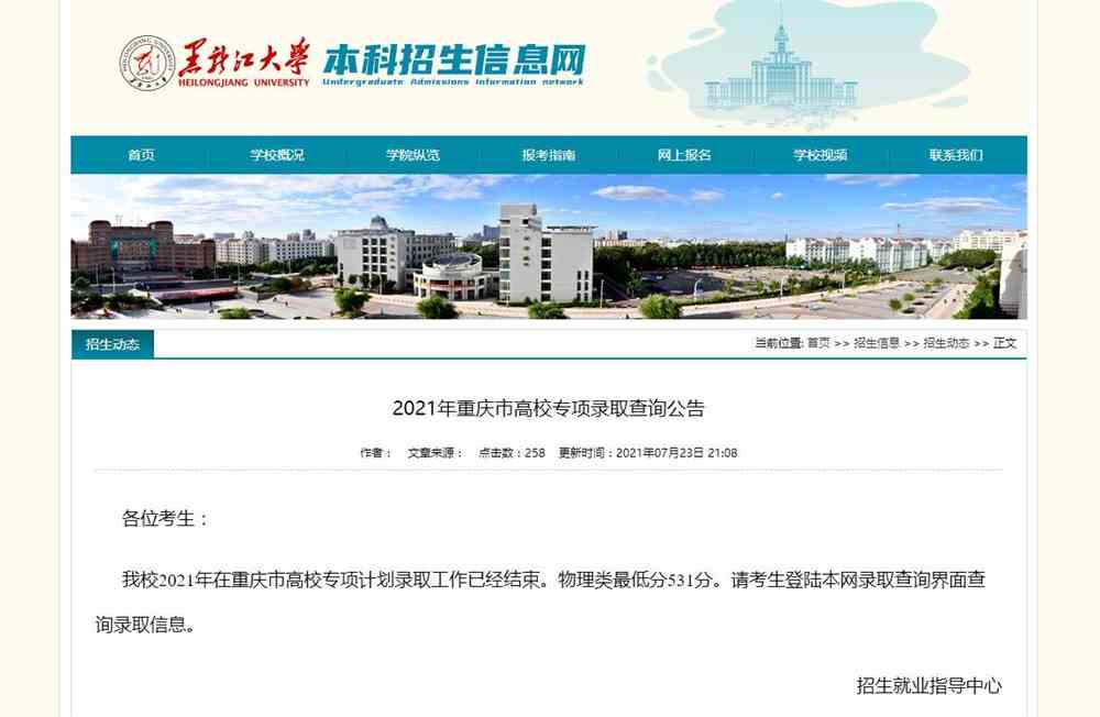 黑龙江大学2021年重庆市高校专项录取查询公告