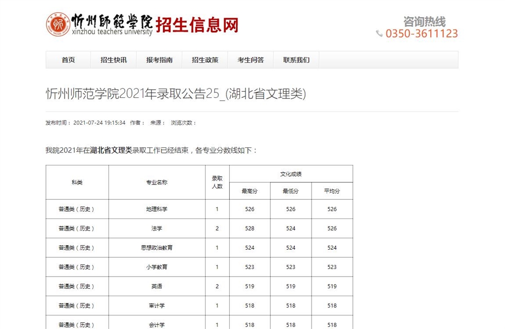 忻州师范学院2021年录取公告25_(湖北省文理类)