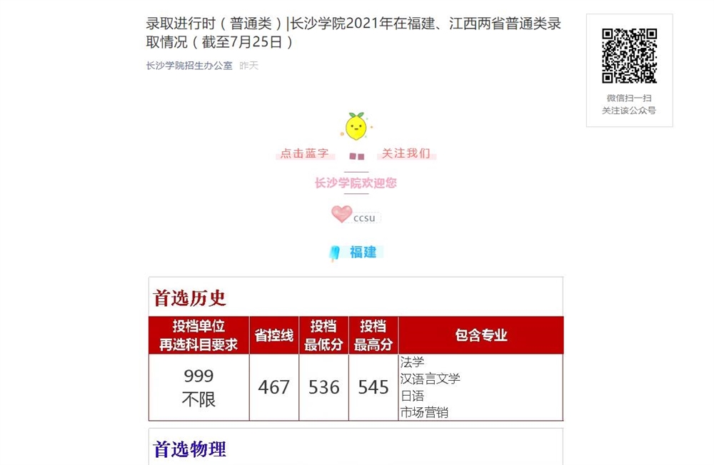 长沙学院2021年在福建、江西两省普通类录取分数情况（截至7月25日）