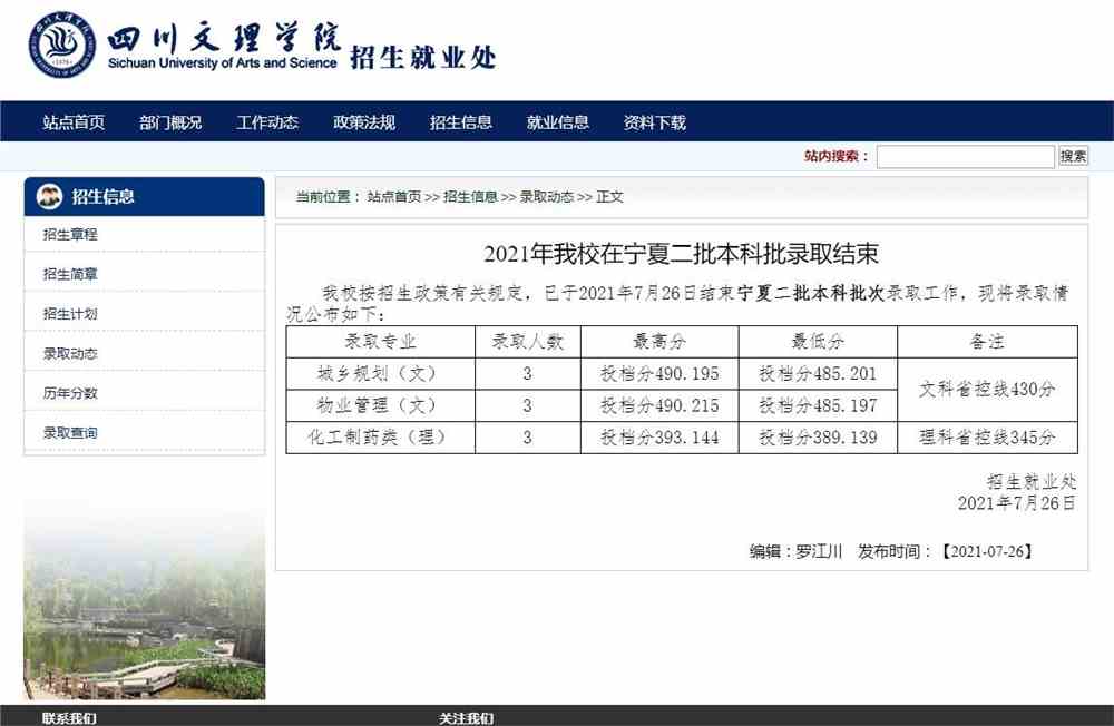 2021年四川文理学院在宁夏二批本科批录取结束