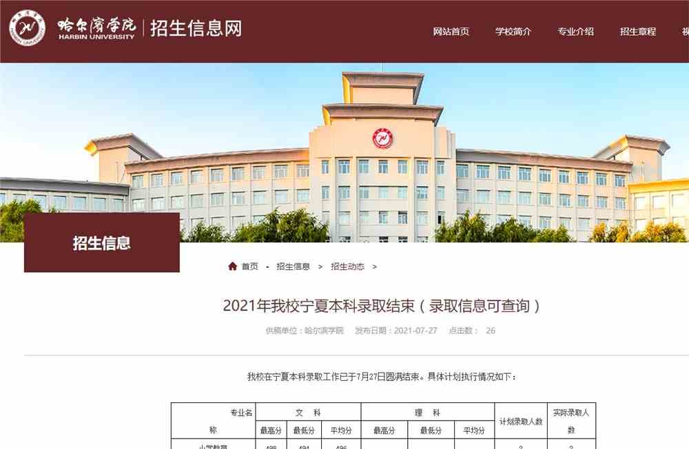 2021年哈尔滨学院宁夏本科录取结束（录取信息可查询）