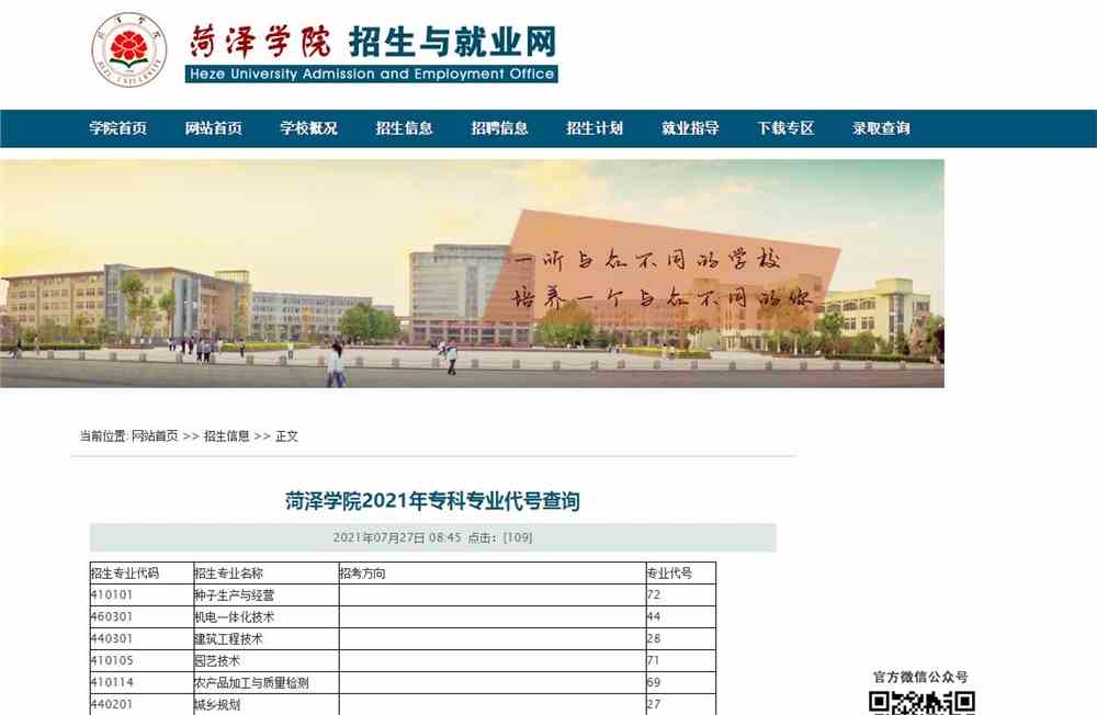 菏泽学院2021年专科专业代号查询