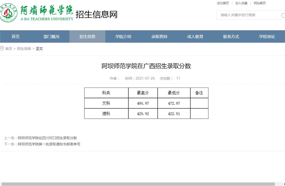 阿坝师范学院在广西招生录取分数